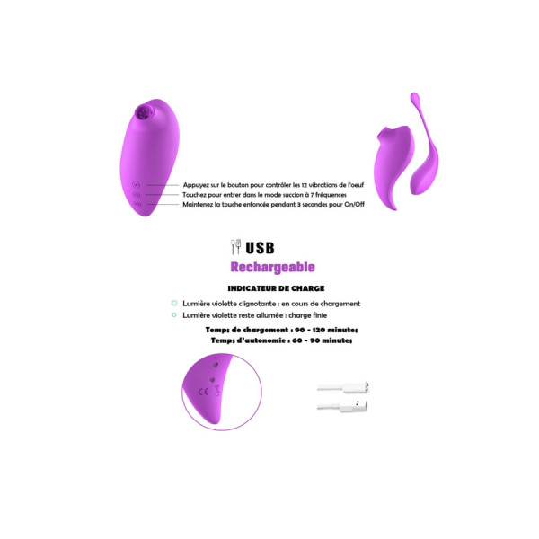 2en1 Stimulateur clitoridien à picots par aspiration avec son œuf vibrant à distance violet 